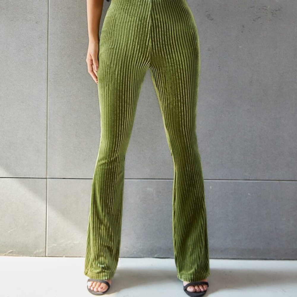 Olive green velvet flared pants